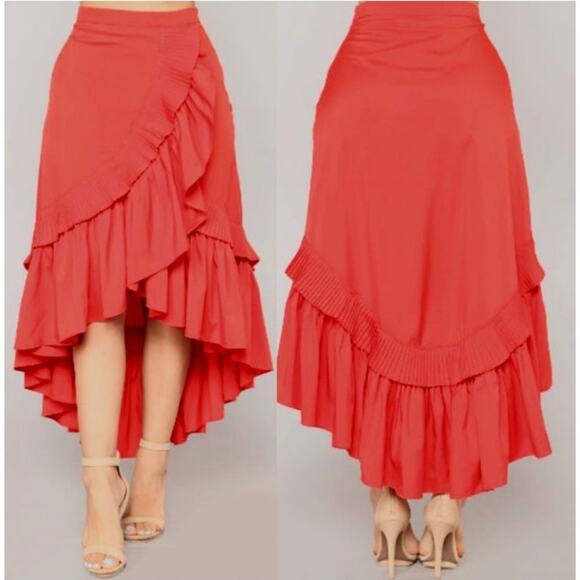 LULUMARI Red Overlap Maxi Frill High Low Skirt size medium - Picture 1 of 9